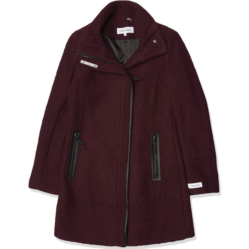 Calvin Klein Asymmetrical Coat Faux Leather Trim